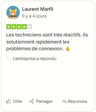 Avis client mettant en avant la rapidité et l’efficacité du support technique pour résoudre les problèmes de connexion.