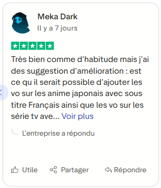 Avis client positif soulignant la qualité du service et proposant des suggestions d’amélioration pour enrichir le contenu.